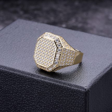 925K Silver Moissanite Diamond VVS Gold Ring with Round & Baguette Stones,