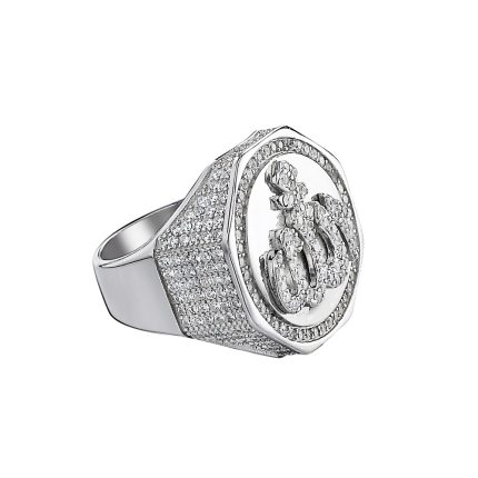 925K Silver Moissanite VVS D Diamond Rhodium Ring featuring an elegant “Allah” design. 15.26 g