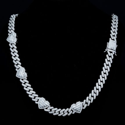 925K Silver Moissanite 10mm Cuban Chain with heart and round baguette stones