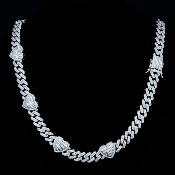 925K Silver Moissanite 10mm Cuban Chain with heart and round baguette stones