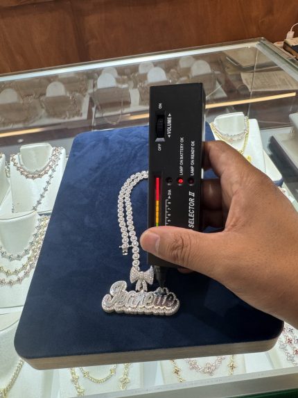 925K Silver Moissanite VVS diamond custom “Jeanette” pendant with a matching tennis-style chain. Elegant shine, diamond tester approved