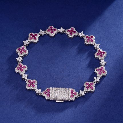 925K Silver Moissanite VVS Diamond & Lab-Grown Ruby Bracelet Or Chain with Rhodium Finish