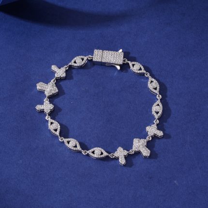 Elegant 925 Silver Moissanite VVS Diamond Cross Bracelet with round stones and Rhodium finish. diamond dancing