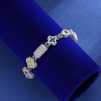 925K Silver Religious Bracelet with VVS Moissanite Diamonds in a vibrant multi-colored style. Features round and baguette stones with a polished rhodium finish.