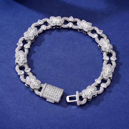 925K Silver Rhodium Bracelet with VVS Moissanite round, baguette, and eye drop stones – a luxurious and artistic design.
