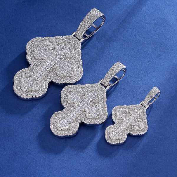 Elevate your faith and fashion with this stunning 925 Silver Rhodium Cross Pendant, iced with VVS Moissanite diamonds in both round and baguette cuts.
