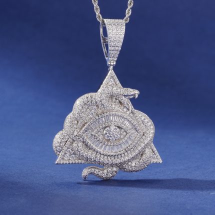 Hamsa evil eye pendant iced out in VVS D moissanite stones.