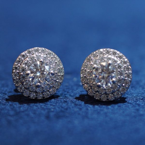 round double halo diamond stud earrings , passed diamond test