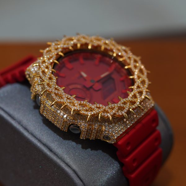iced-out custom Casio G-Shock GA-2100 red rubber strap