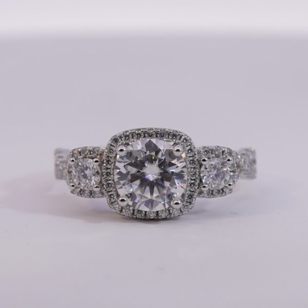 Lab-Grown Diamond Three-Stone Halo Engagement Ring