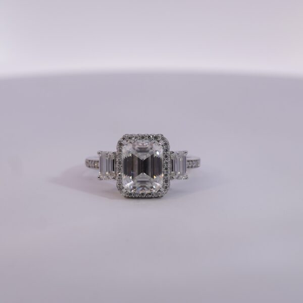 Three-Stone Emerald Cut Lab-Grown Diamond Halo Engagement Ring